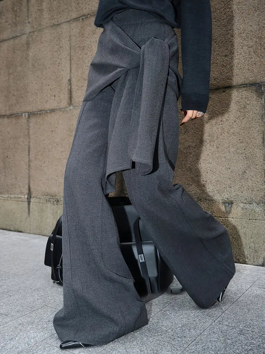 Women's Elegant Casual Wide-Leg Pants with Adjustable Waist Tie - 100% Polyester Machine-Washable Tummy-Control Trousers for Spring/Summer, Office, Commute & Shopping - Solid Color Non-Stretch Long Pants