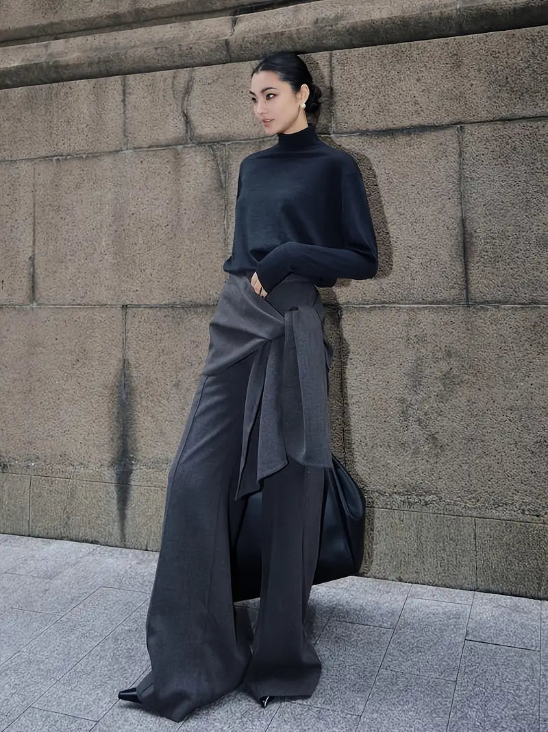Women's Elegant Casual Wide-Leg Pants with Adjustable Waist Tie - 100% Polyester Machine-Washable Tummy-Control Trousers for Spring/Summer, Office, Commute & Shopping - Solid Color Non-Stretch Long Pants