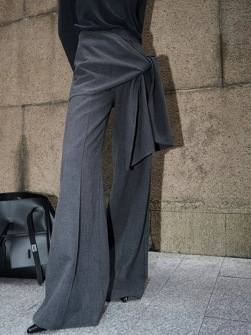 Women's Elegant Casual Wide-Leg Pants with Adjustable Waist Tie - 100% Polyester Machine-Washable Tummy-Control Trousers for Spring/Summer, Office, Commute & Shopping - Solid Color Non-Stretch Long Pants