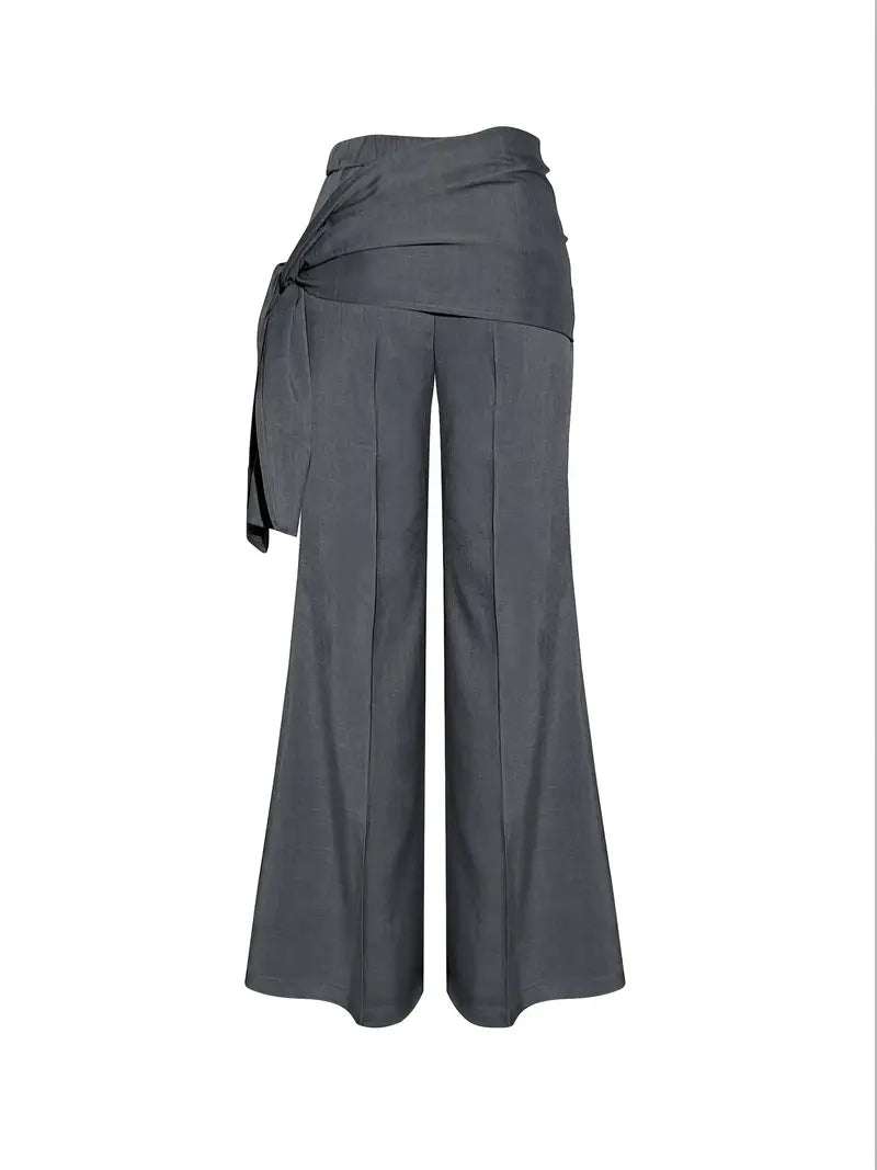 Women's Elegant Casual Wide-Leg Pants with Adjustable Waist Tie - 100% Polyester Machine-Washable Tummy-Control Trousers for Spring/Summer, Office, Commute & Shopping - Solid Color Non-Stretch Long Pants