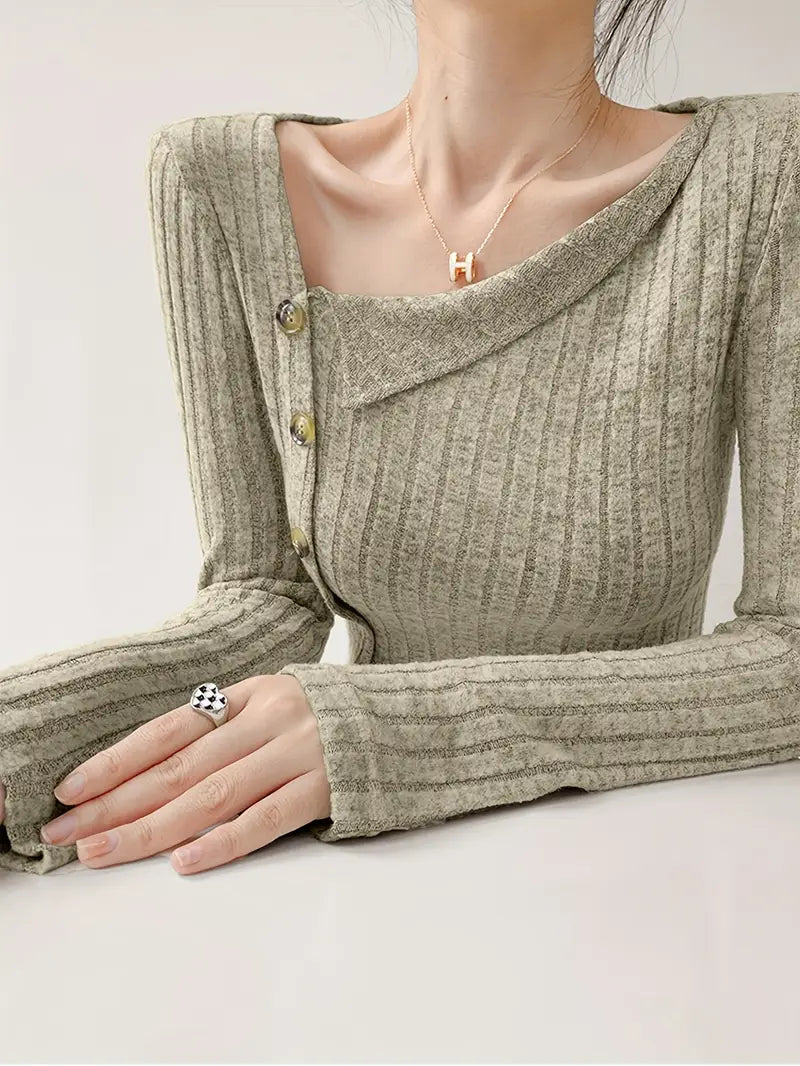 Women's Elegant French-Inspired Long Sleeve Top with Irregular Asymmetrical Neckline & Decorative Buttons - Solid Color All-Season Machine Washable Versatile Layering Piece, Casual Chic Wear, Quality Craftsmanship