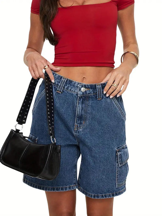 Women'S Vintage High-Waisted Cotton Blend Cargo Shorts, Slight Stretch, Solid Color, Button Detail, Loose Fit Faux Denim Bermuda Shorts for Spring/Summer, Casual, Beach, Club, Streetwear