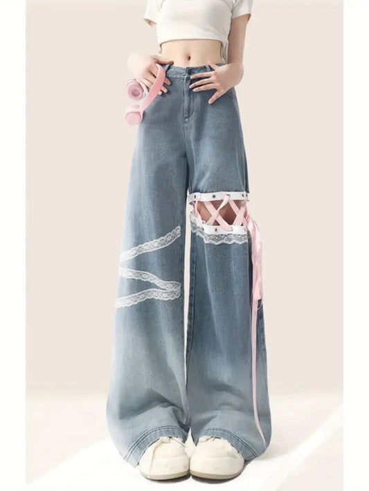 Women'S Elegant Lace Trim Wide Leg Jeans - High-Waisted Straight Leg Pants with Adjustable Tie Belt, Long Length & Built-In Zipper Closure, Structured Fit for Casual to Formal Outfits (Spring/Summer/Fall)