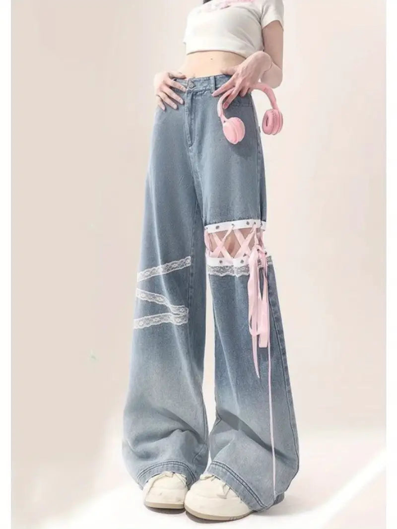Women'S Elegant Lace Trim Wide Leg Jeans - High-Waisted Straight Leg Pants with Adjustable Tie Belt, Long Length & Built-In Zipper Closure, Structured Fit for Casual to Formal Outfits (Spring/Summer/Fall)