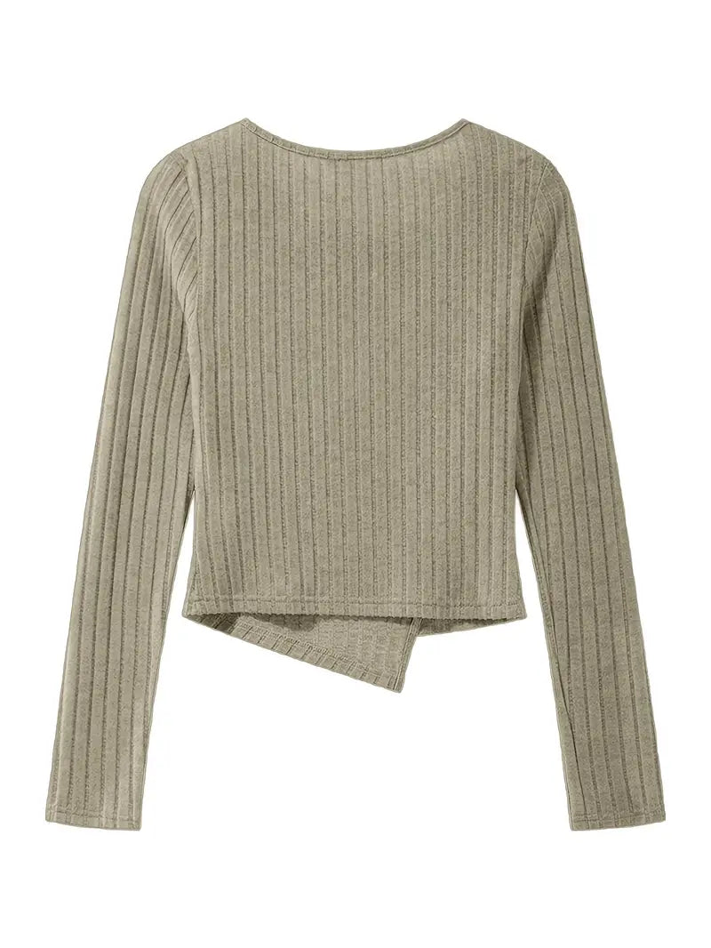 Women's Elegant French-Inspired Long Sleeve Top with Irregular Asymmetrical Neckline & Decorative Buttons - Solid Color All-Season Machine Washable Versatile Layering Piece, Casual Chic Wear, Quality Craftsmanship