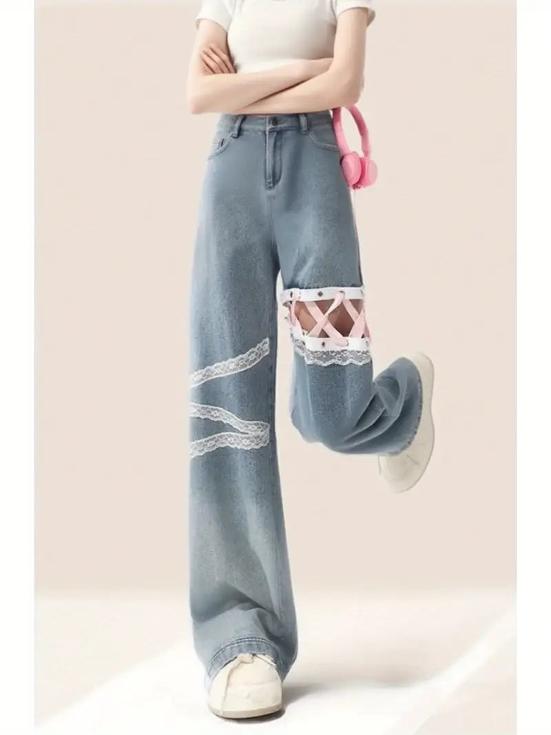 Women'S Elegant Lace Trim Wide Leg Jeans - High-Waisted Straight Leg Pants with Adjustable Tie Belt, Long Length & Built-In Zipper Closure, Structured Fit for Casual to Formal Outfits (Spring/Summer/Fall)