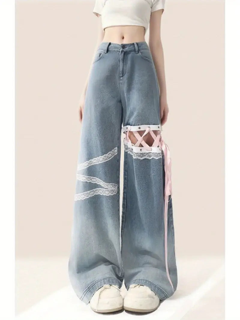 Women'S Elegant Lace Trim Wide Leg Jeans - High-Waisted Straight Leg Pants with Adjustable Tie Belt, Long Length & Built-In Zipper Closure, Structured Fit for Casual to Formal Outfits (Spring/Summer/Fall)