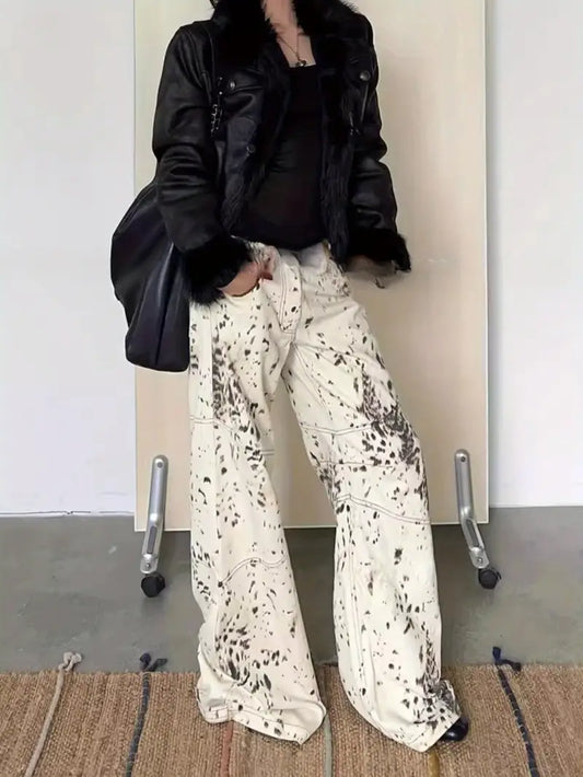 American hot leopard print jeans Women's 2025 summer retro design contrast waist patchwork floor-length pants