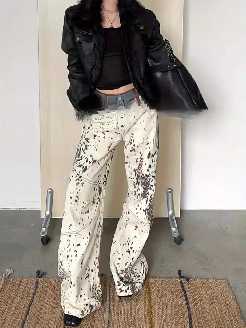 American hot leopard print jeans Women's 2025 summer retro design contrast waist patchwork floor-length pants