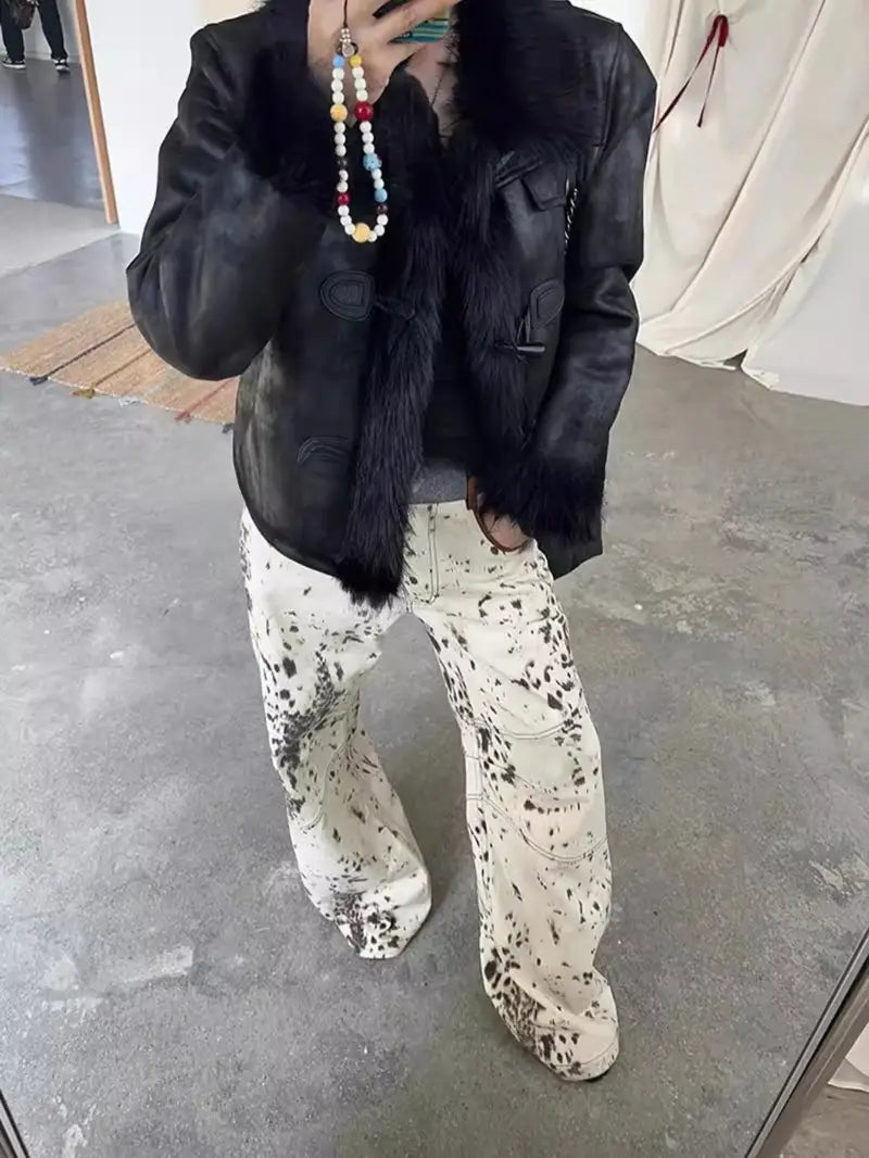 American hot leopard print jeans Women's 2025 summer retro design contrast waist patchwork floor-length pants