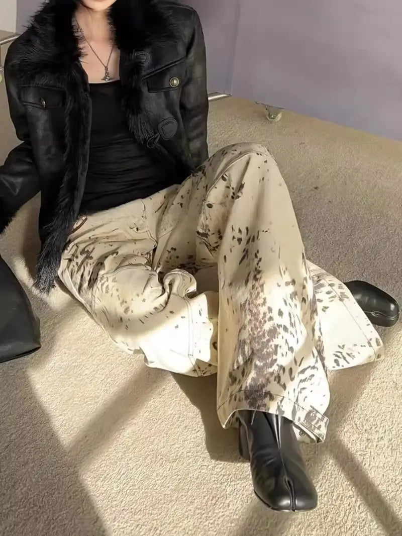 American hot leopard print jeans Women's 2025 summer retro design contrast waist patchwork floor-length pants