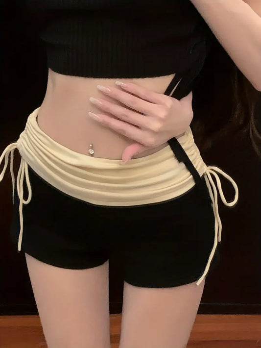 Women'S High Waist Polyester Shorts Solid Color Y2K Style Woven Streetwear with Elastic Waistband and Contrast Drawstring