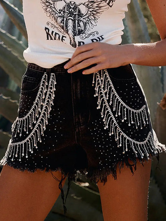 Women'S Summer Rhinestone Denim Shorts Wide Leg Streetwear Jeans Shorts with Pockets