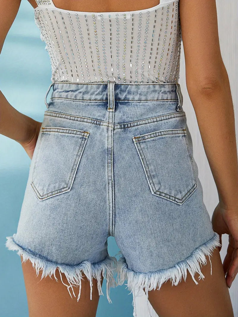 Women'S Summer Rhinestone Denim Shorts Wide Leg Streetwear Jeans Shorts with Pockets