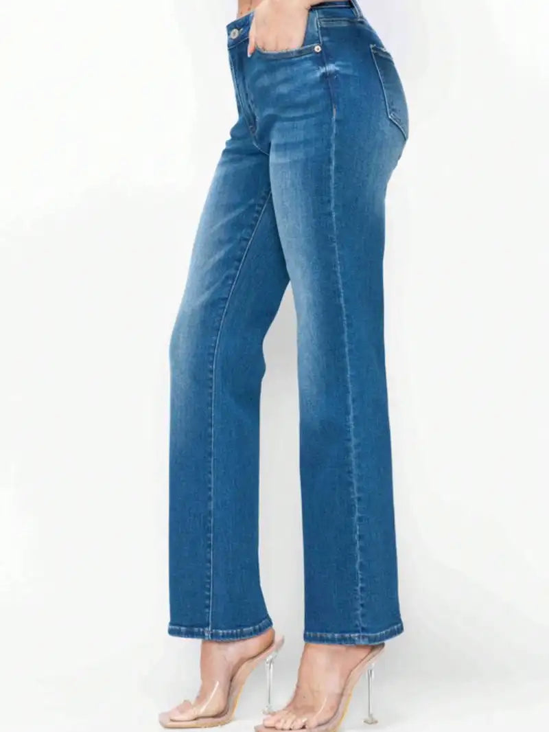 Women's Casual Jeans Trendy Cat's Whiskers High Rise Straight Denim Pants Medium Blue Stretchy Fabric Front Pockets and Button-Zip Closure Comfortable and Versatile Perfect for All-Season Everyday Wear or Outings