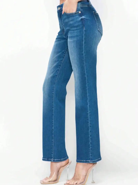 Women's Casual Jeans Trendy Cat's Whiskers High Rise Straight Denim Pants Medium Blue Stretchy Fabric Front Pockets and Button-Zip Closure Comfortable and Versatile Perfect for All-Season Everyday Wear or Outings