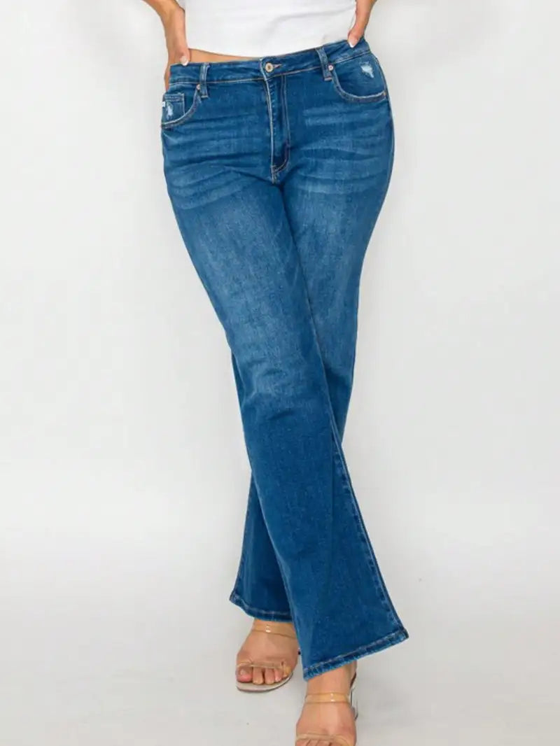 Women's Casual Jeans Trendy Cat's Whiskers High Rise Straight Denim Pants Medium Blue Stretchy Fabric Front Pockets and Button-Zip Closure Comfortable and Versatile Perfect for All-Season Everyday Wear or Outings