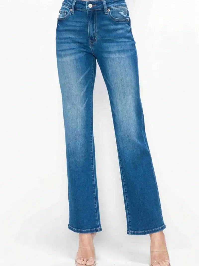 Women's Casual Jeans Trendy Cat's Whiskers High Rise Straight Denim Pants Medium Blue Stretchy Fabric Front Pockets and Button-Zip Closure Comfortable and Versatile Perfect for All-Season Everyday Wear or Outings