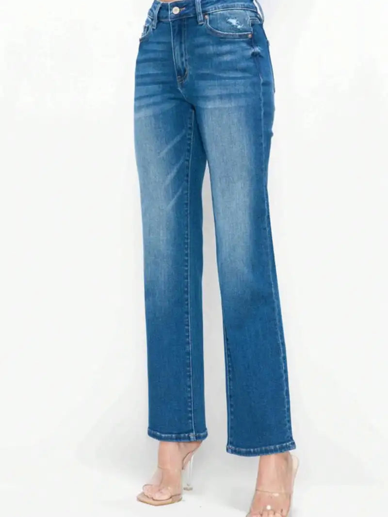 Women's Casual Jeans Trendy Cat's Whiskers High Rise Straight Denim Pants Medium Blue Stretchy Fabric Front Pockets and Button-Zip Closure Comfortable and Versatile Perfect for All-Season Everyday Wear or Outings