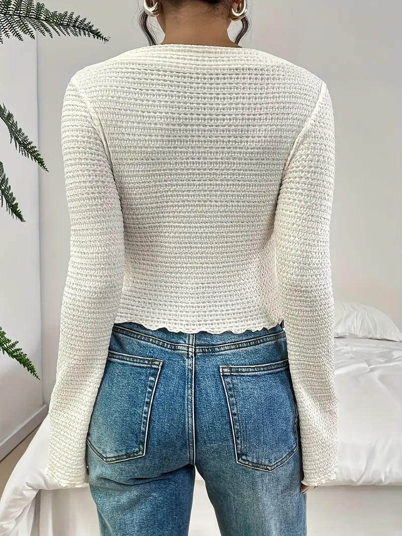 Solid Crew Neck T-Shirt, Casual Long Sleeve Side Split T-Shirt For Spring & Fall, Women's Clothing