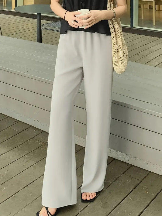 Women's Light Grey Straight-Leg Casual Pants - Non-Stretch Acetate Trousers with Pockets, Regular Fit Long Length for Spring/Fall, Versatile for Commuting & Casual Outings, Spring Fall Clothing, Minimalist Design, Practical Pockets