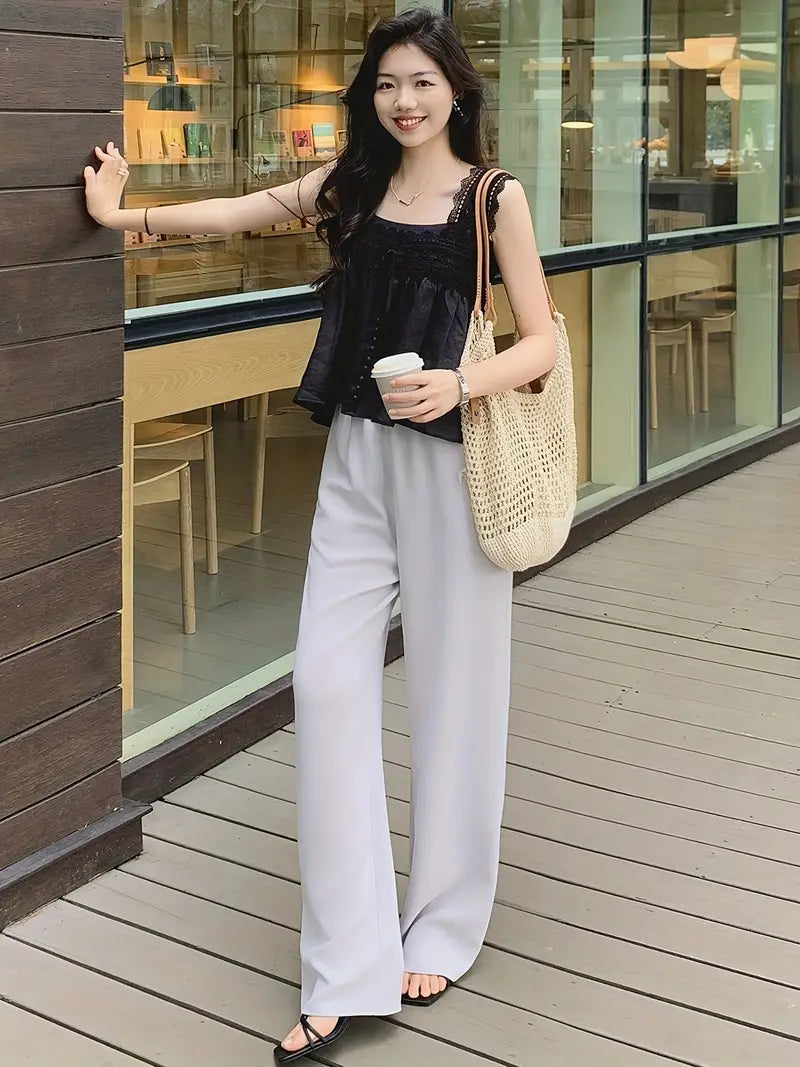 Women's Light Grey Straight-Leg Casual Pants - Non-Stretch Acetate Trousers with Pockets, Regular Fit Long Length for Spring/Fall, Versatile for Commuting & Casual Outings, Spring Fall Clothing, Minimalist Design, Practical Pockets