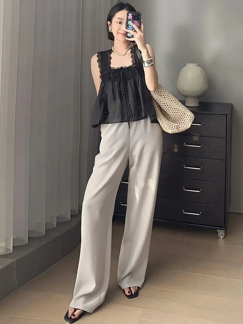 Women's Light Grey Straight-Leg Casual Pants - Non-Stretch Acetate Trousers with Pockets, Regular Fit Long Length for Spring/Fall, Versatile for Commuting & Casual Outings, Spring Fall Clothing, Minimalist Design, Practical Pockets