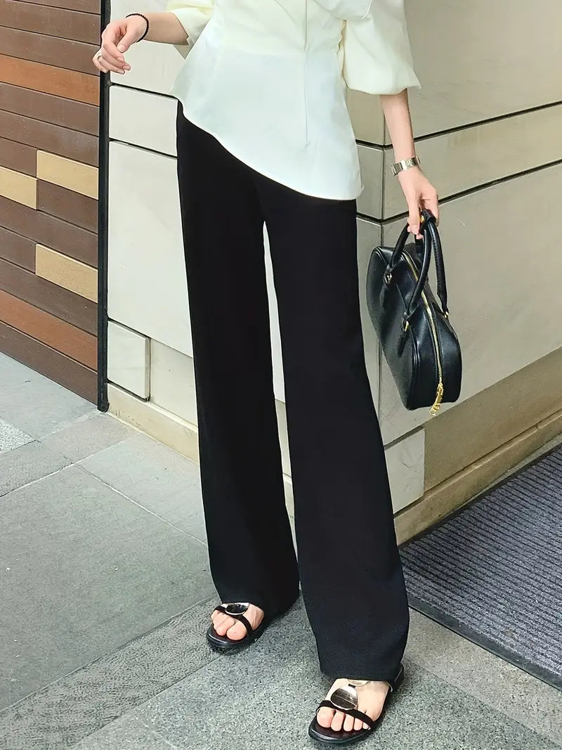 Women's Light Grey Straight-Leg Casual Pants - Non-Stretch Acetate Trousers with Pockets, Regular Fit Long Length for Spring/Fall, Versatile for Commuting & Casual Outings, Spring Fall Clothing, Minimalist Design, Practical Pockets