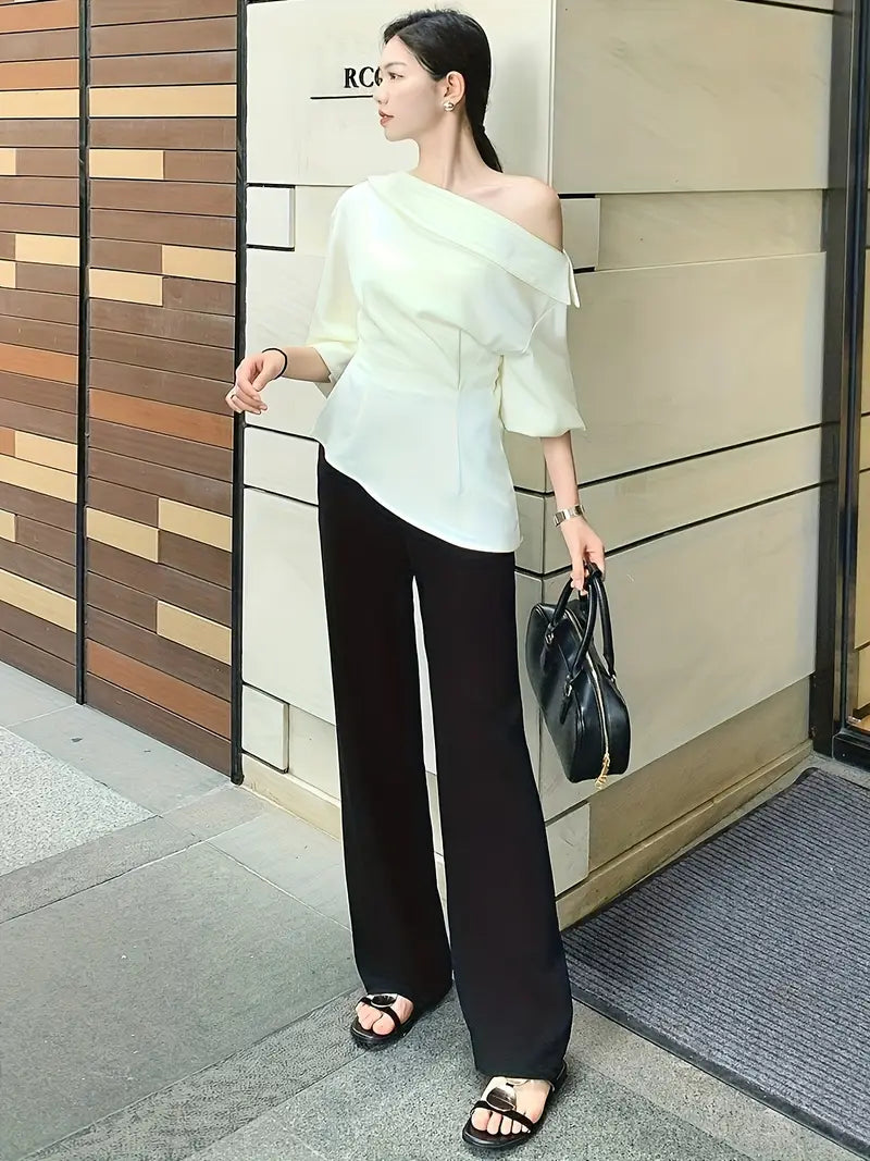 Women's Light Grey Straight-Leg Casual Pants - Non-Stretch Acetate Trousers with Pockets, Regular Fit Long Length for Spring/Fall, Versatile for Commuting & Casual Outings, Spring Fall Clothing, Minimalist Design, Practical Pockets