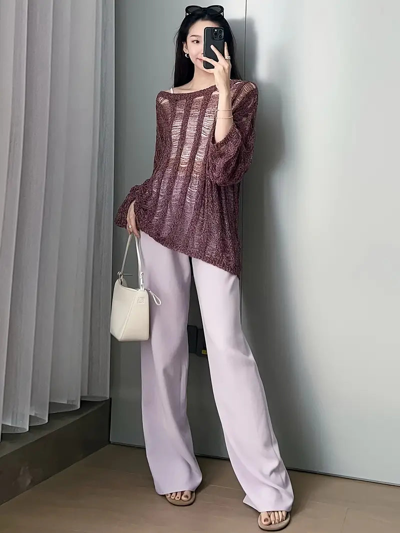 Women's Light Grey Straight-Leg Casual Pants - Non-Stretch Acetate Trousers with Pockets, Regular Fit Long Length for Spring/Fall, Versatile for Commuting & Casual Outings, Spring Fall Clothing, Minimalist Design, Practical Pockets