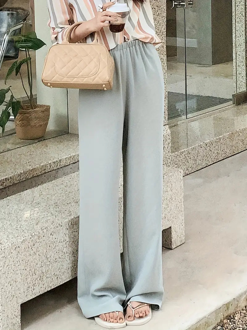 Women's Light Grey Straight-Leg Casual Pants - Non-Stretch Acetate Trousers with Pockets, Regular Fit Long Length for Spring/Fall, Versatile for Commuting & Casual Outings, Spring Fall Clothing, Minimalist Design, Practical Pockets