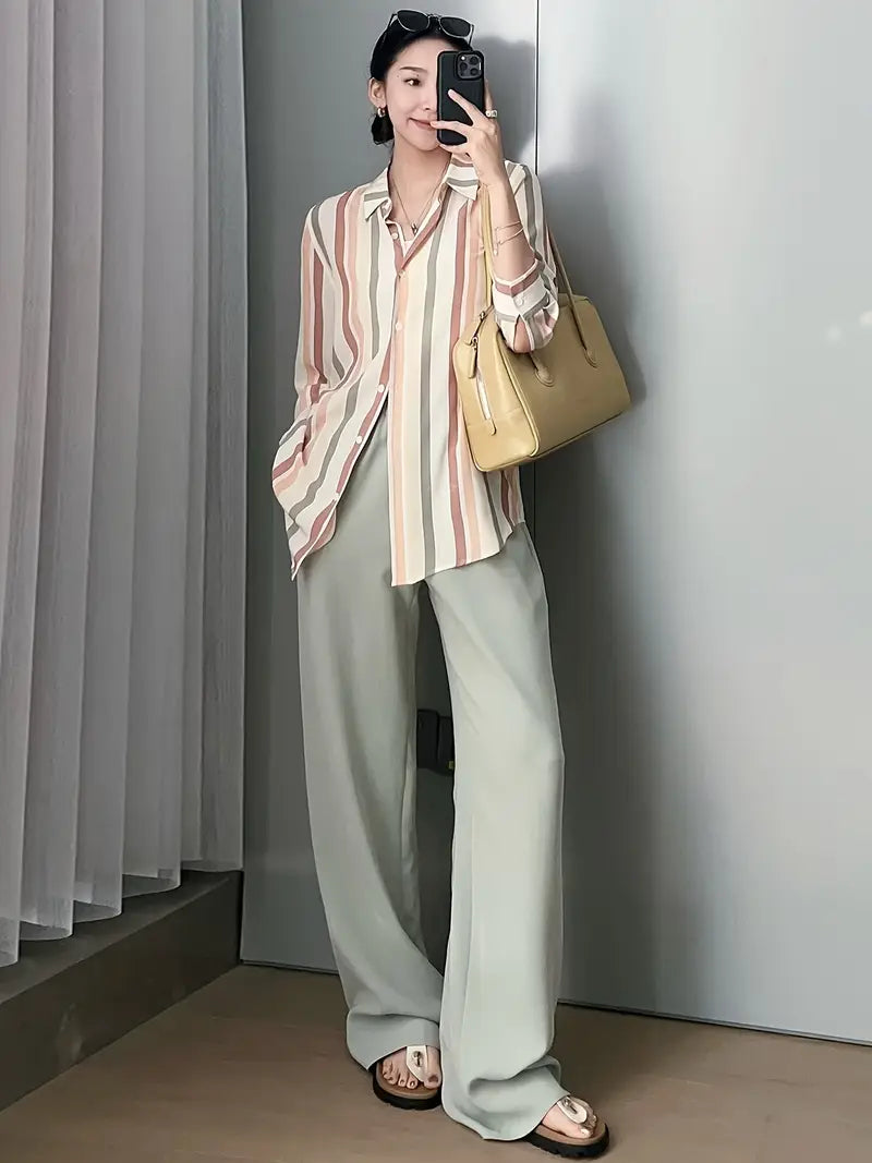 Women's Light Grey Straight-Leg Casual Pants - Non-Stretch Acetate Trousers with Pockets, Regular Fit Long Length for Spring/Fall, Versatile for Commuting & Casual Outings, Spring Fall Clothing, Minimalist Design, Practical Pockets