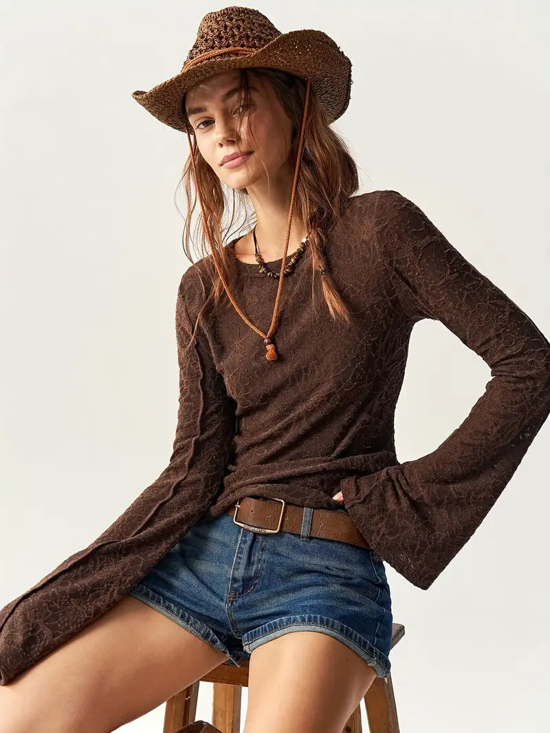 Women'S Elegant Long Sleeve Crew Neck Top with Embroidery - Solid Brown, Stretchy Polyester Blend, Casual Fall/Winter Wear, Perfect for Layering or Standalone Outfits, Autumn Winter Apparel | Embroidered Top | Stretchy Fabric