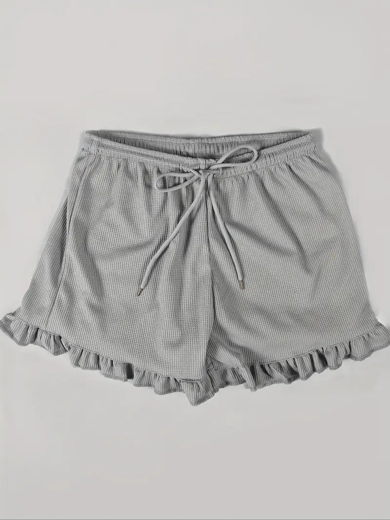 Women'S Casual Summer Shorts with Elastic Waistband - Light Gray Ribbed Waffle-Knit Fabric, Drawstring, Pockets, and Frayed Hem Design for Casual Attir
