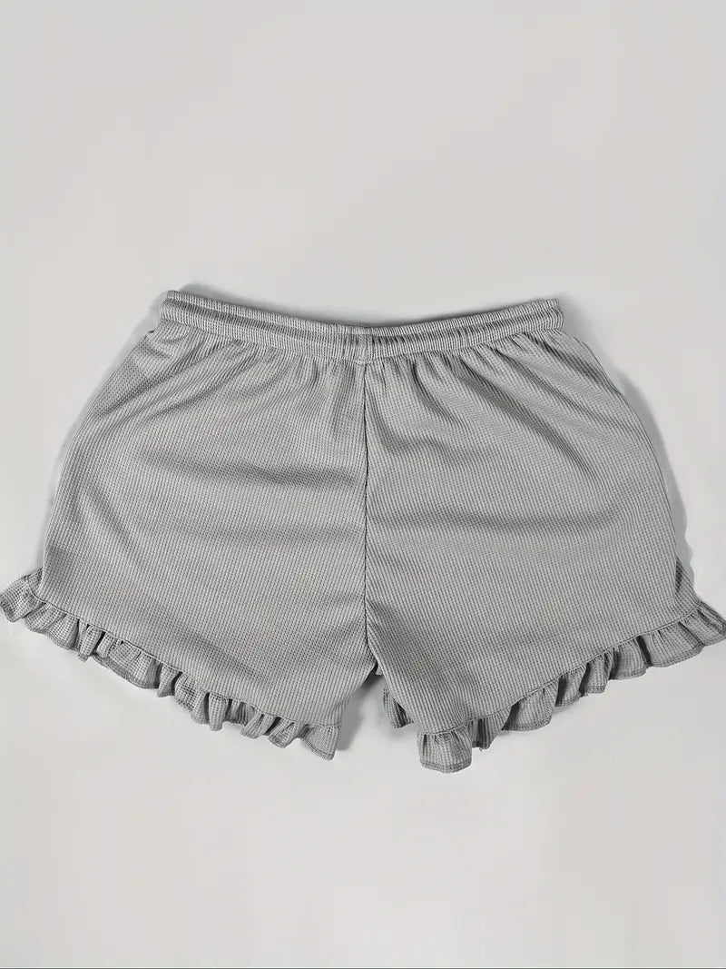 Women'S Casual Summer Shorts with Elastic Waistband - Light Gray Ribbed Waffle-Knit Fabric, Drawstring, Pockets, and Frayed Hem Design for Casual Attir