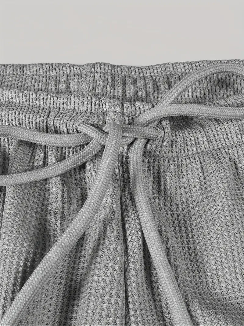 Women'S Casual Summer Shorts with Elastic Waistband - Light Gray Ribbed Waffle-Knit Fabric, Drawstring, Pockets, and Frayed Hem Design for Casual Attir