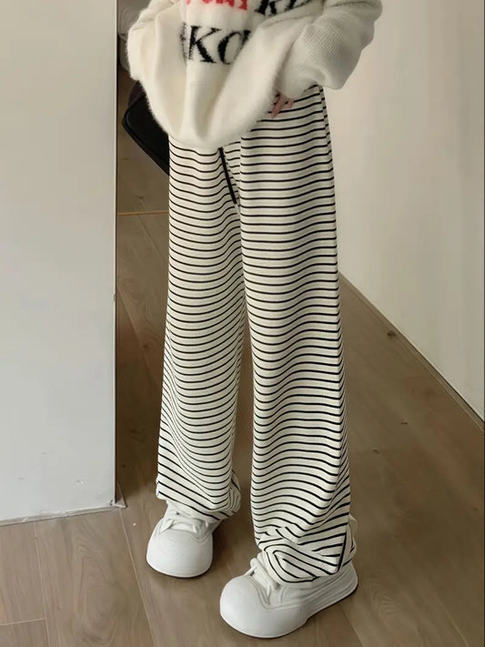 Women's Black & White Striped Wide-Leg Pants - Elastic Waist Relaxed Fit Drapey Trousers, Contrast Trim Casual Long Pants for Spring Summer Fall, Machine Washable, Relaxed Fit Pants | Chic Casual Pants | Elastic Waistband