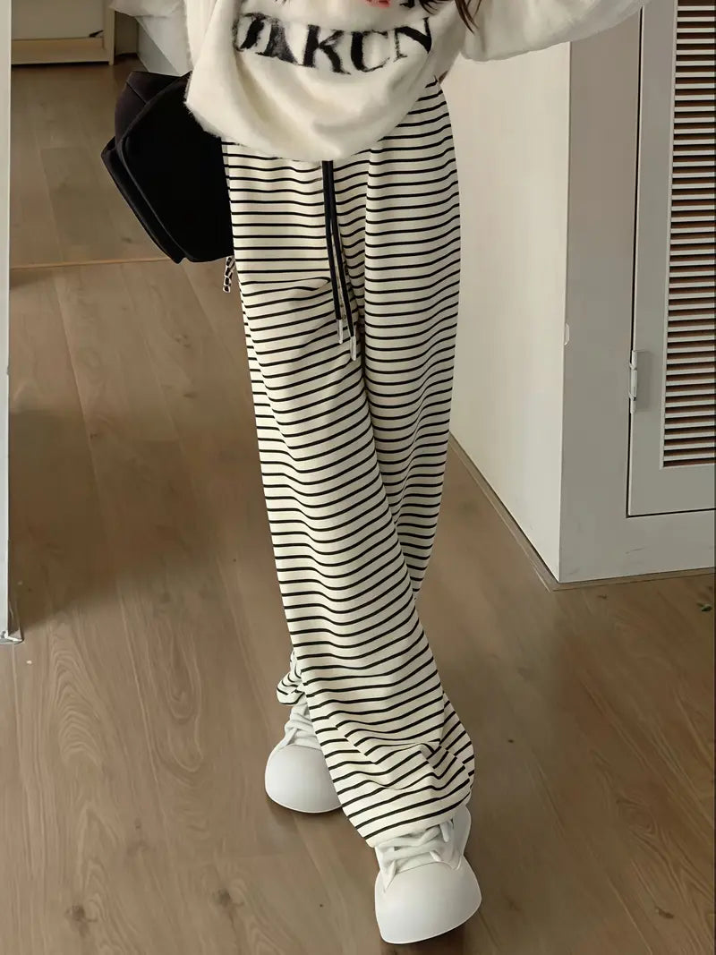Women's Black & White Striped Wide-Leg Pants - Elastic Waist Relaxed Fit Drapey Trousers, Contrast Trim Casual Long Pants for Spring Summer Fall, Machine Washable, Relaxed Fit Pants | Chic Casual Pants | Elastic Waistband