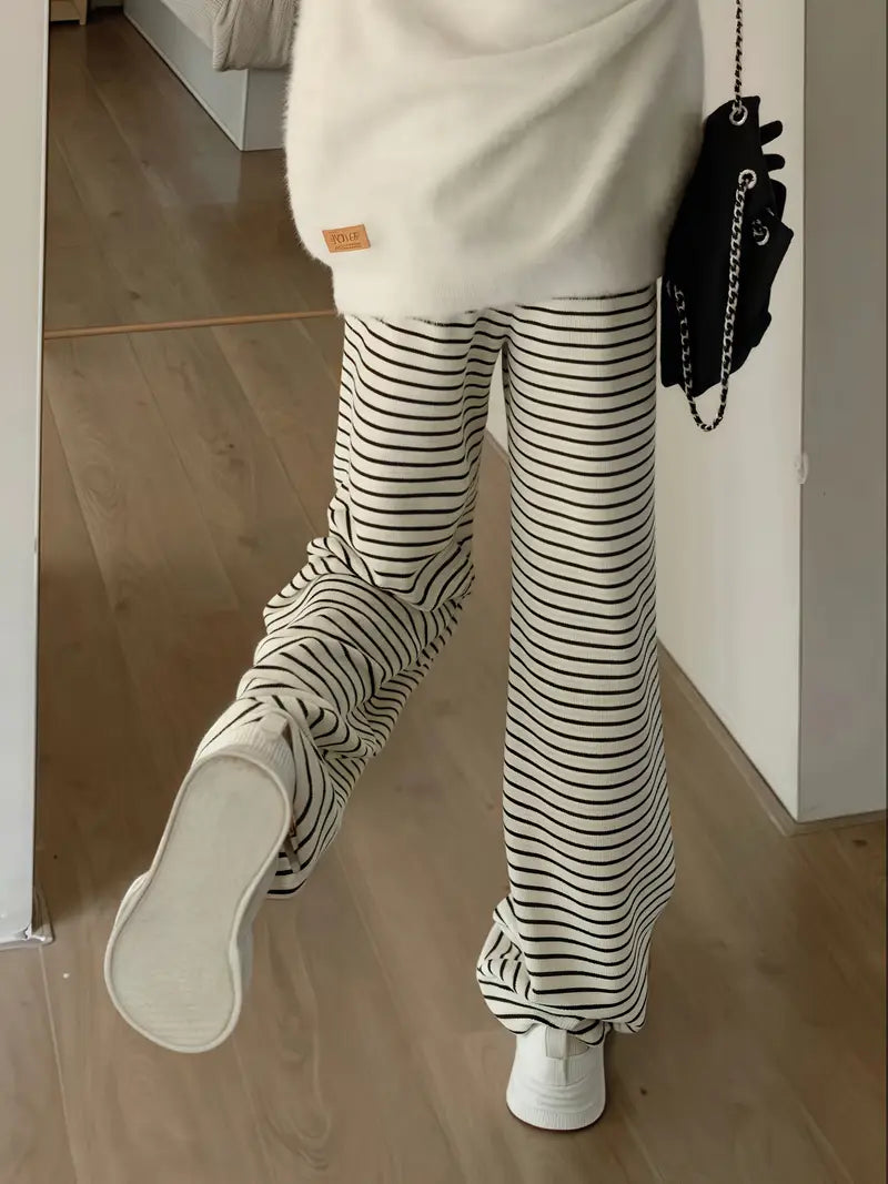Women's Black & White Striped Wide-Leg Pants - Elastic Waist Relaxed Fit Drapey Trousers, Contrast Trim Casual Long Pants for Spring Summer Fall, Machine Washable, Relaxed Fit Pants | Chic Casual Pants | Elastic Waistband