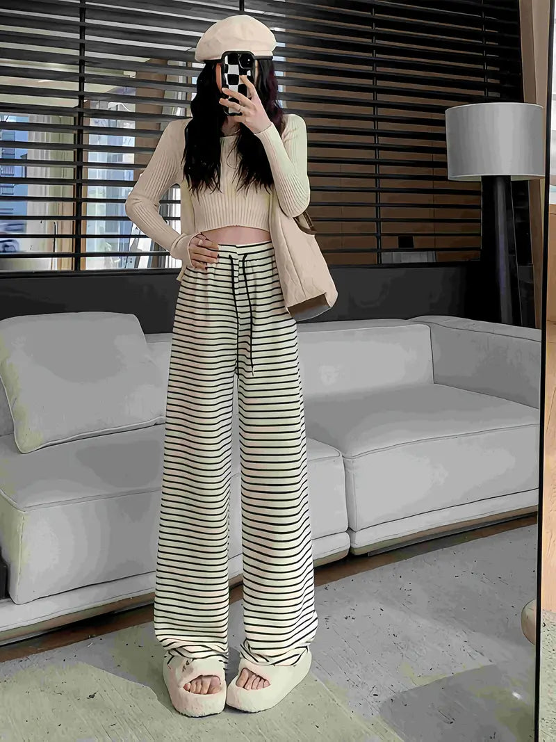 Women's Black & White Striped Wide-Leg Pants - Elastic Waist Relaxed Fit Drapey Trousers, Contrast Trim Casual Long Pants for Spring Summer Fall, Machine Washable, Relaxed Fit Pants | Chic Casual Pants | Elastic Waistband