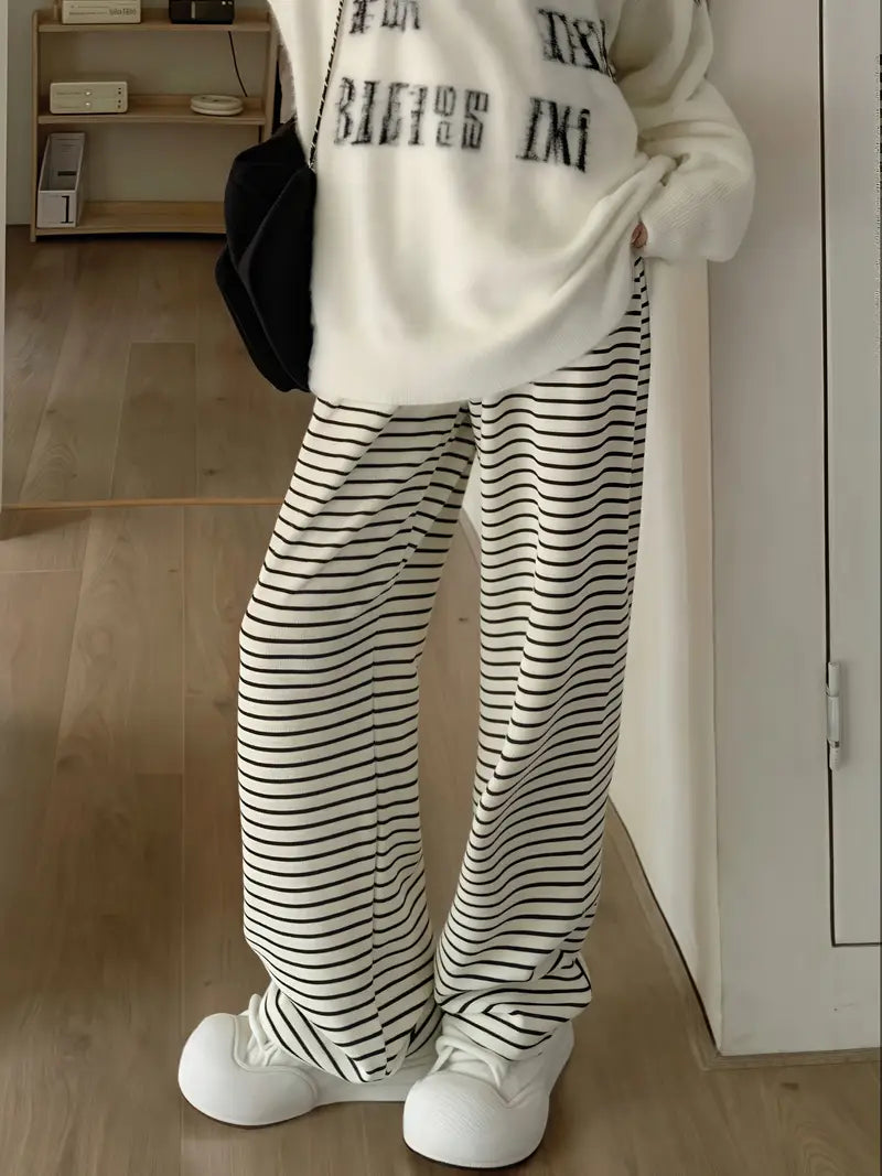 Women's Black & White Striped Wide-Leg Pants - Elastic Waist Relaxed Fit Drapey Trousers, Contrast Trim Casual Long Pants for Spring Summer Fall, Machine Washable, Relaxed Fit Pants | Chic Casual Pants | Elastic Waistband
