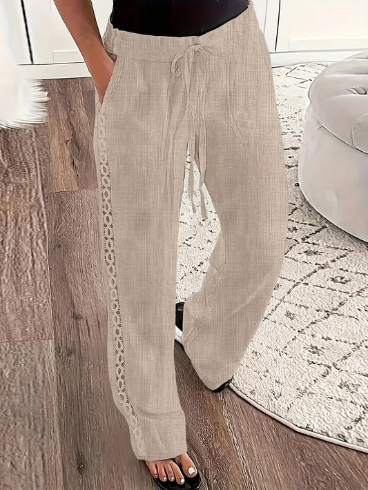 Women'S High-Waisted Drawstring Pants with Floral Lace Detail - Beige Casual Wide-Leg Pants, Elastic Waistband, Perfect for Spring & Summer, All-Season Comfort, High Waisted Pants