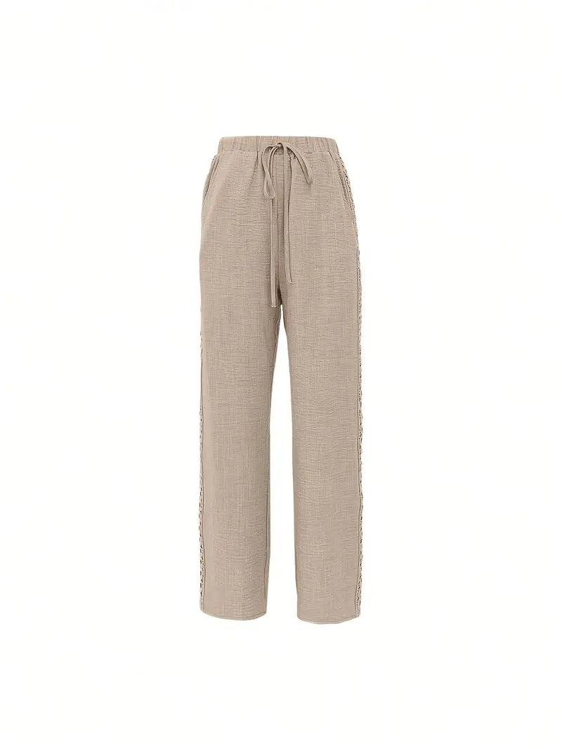 Women'S High-Waisted Drawstring Pants with Floral Lace Detail - Beige Casual Wide-Leg Pants, Elastic Waistband, Perfect for Spring & Summer, All-Season Comfort, High Waisted Pants