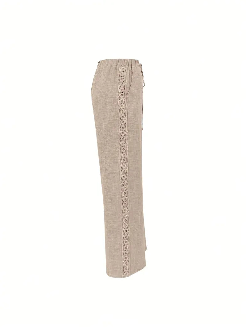 Women'S High-Waisted Drawstring Pants with Floral Lace Detail - Beige Casual Wide-Leg Pants, Elastic Waistband, Perfect for Spring & Summer, All-Season Comfort, High Waisted Pants