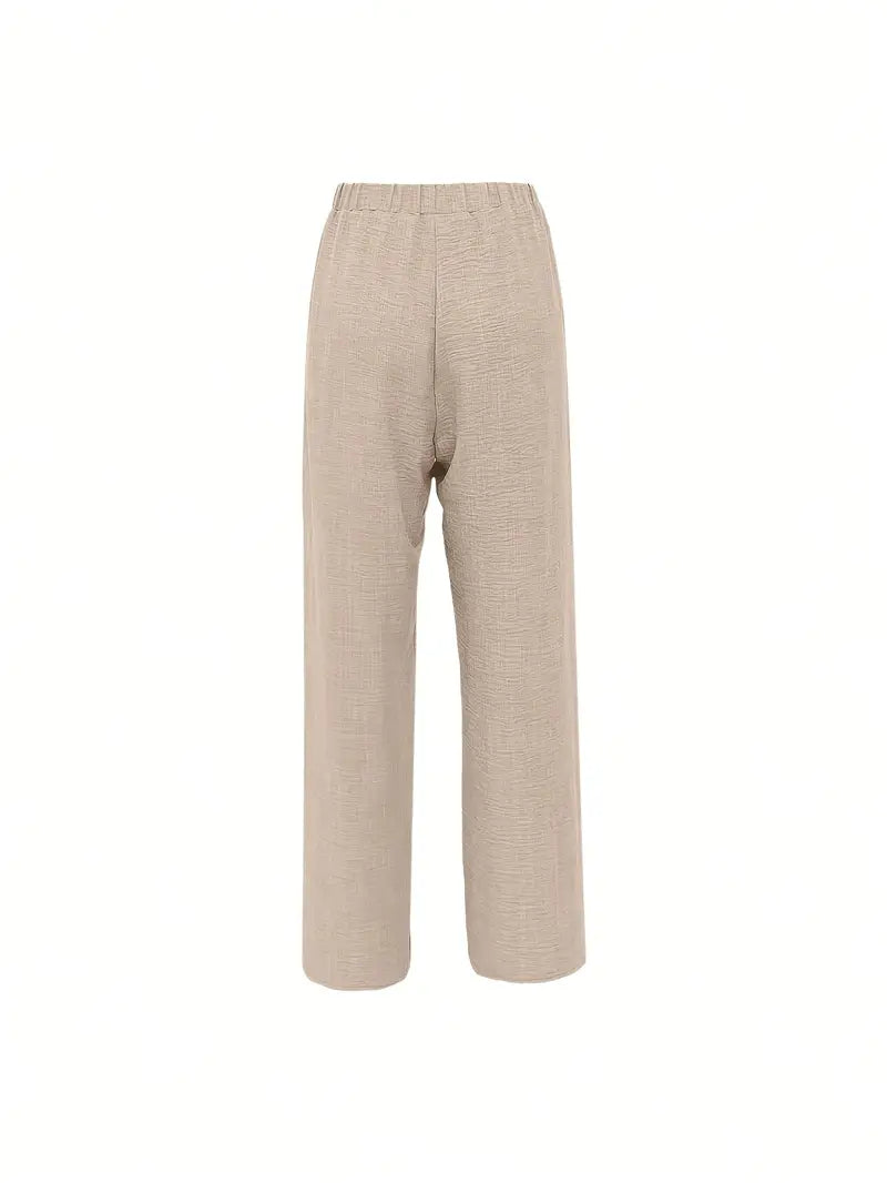 Women'S High-Waisted Drawstring Pants with Floral Lace Detail - Beige Casual Wide-Leg Pants, Elastic Waistband, Perfect for Spring & Summer, All-Season Comfort, High Waisted Pants