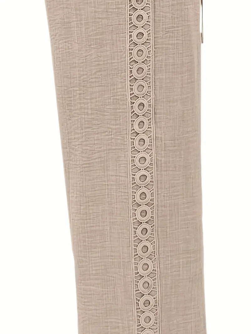 Women'S High-Waisted Drawstring Pants with Floral Lace Detail - Beige Casual Wide-Leg Pants, Elastic Waistband, Perfect for Spring & Summer, All-Season Comfort, High Waisted Pants