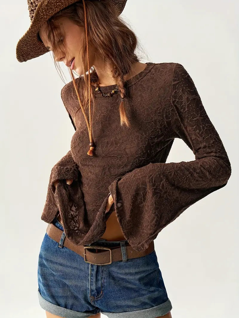 Women'S Elegant Long Sleeve Crew Neck Top with Embroidery - Solid Brown, Stretchy Polyester Blend, Casual Fall/Winter Wear, Perfect for Layering or Standalone Outfits, Autumn Winter Apparel | Embroidered Top | Stretchy Fabric