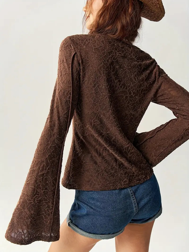 Women'S Elegant Long Sleeve Crew Neck Top with Embroidery - Solid Brown, Stretchy Polyester Blend, Casual Fall/Winter Wear, Perfect for Layering or Standalone Outfits, Autumn Winter Apparel | Embroidered Top | Stretchy Fabric