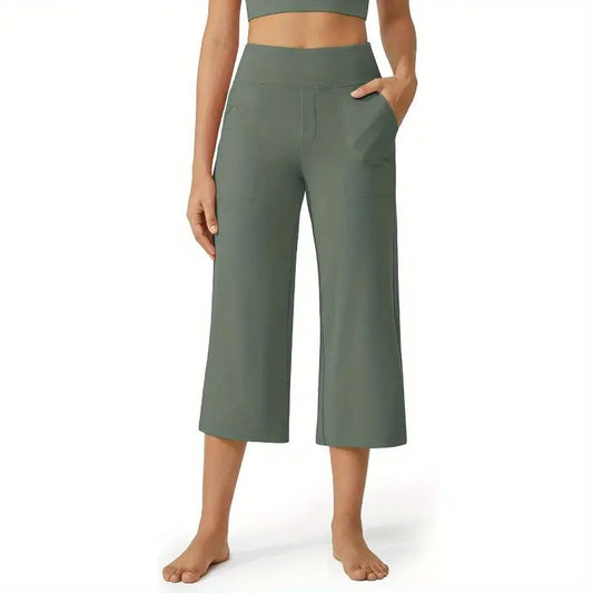 Women's High-Waisted Yoga Pants with Wide Legs - Non-Slip Waistband, Four-Way Stretch Workout Leggings, Side & Back Pockets - Muffin Top Prevention & Seamless Design for Yoga, Gym, Running, Everyday