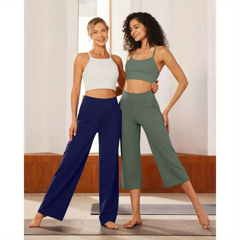 Women's High-Waisted Yoga Pants with Wide Legs - Non-Slip Waistband, Four-Way Stretch Workout Leggings, Side & Back Pockets - Muffin Top Prevention & Seamless Design for Yoga, Gym, Running, Everyday